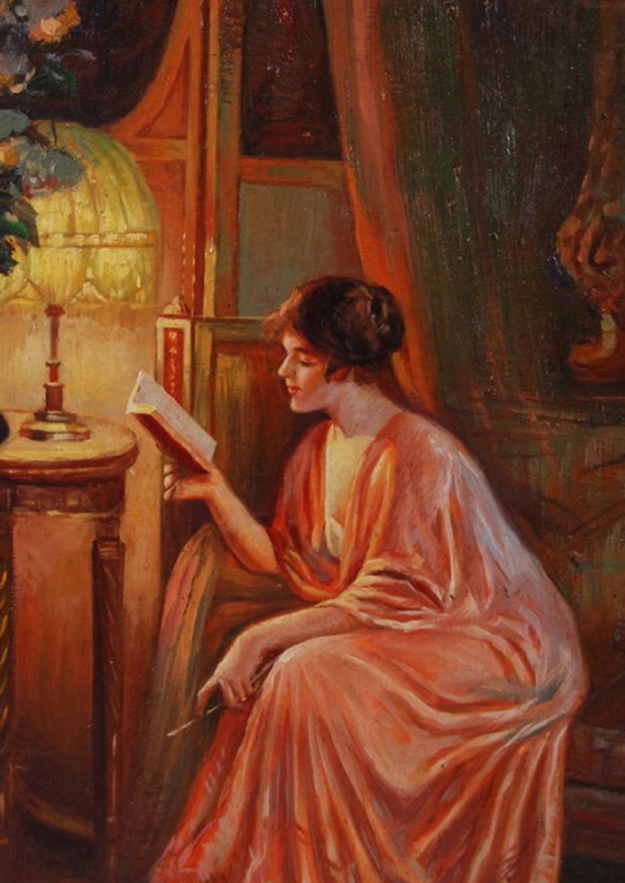Una donna legge alla luce di una lampada